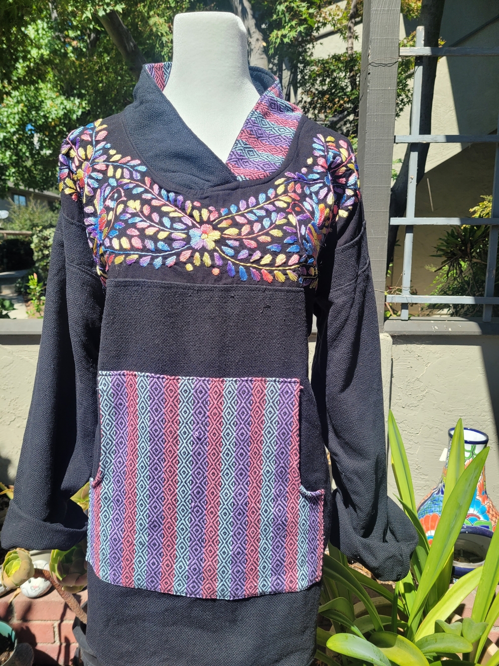 Modern Mexican Embroidered Black Pullover Sweater with Colorful Patchwork